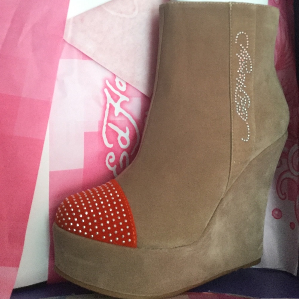 Ed Hardy Studded Platform Booties Tan Orange NEW